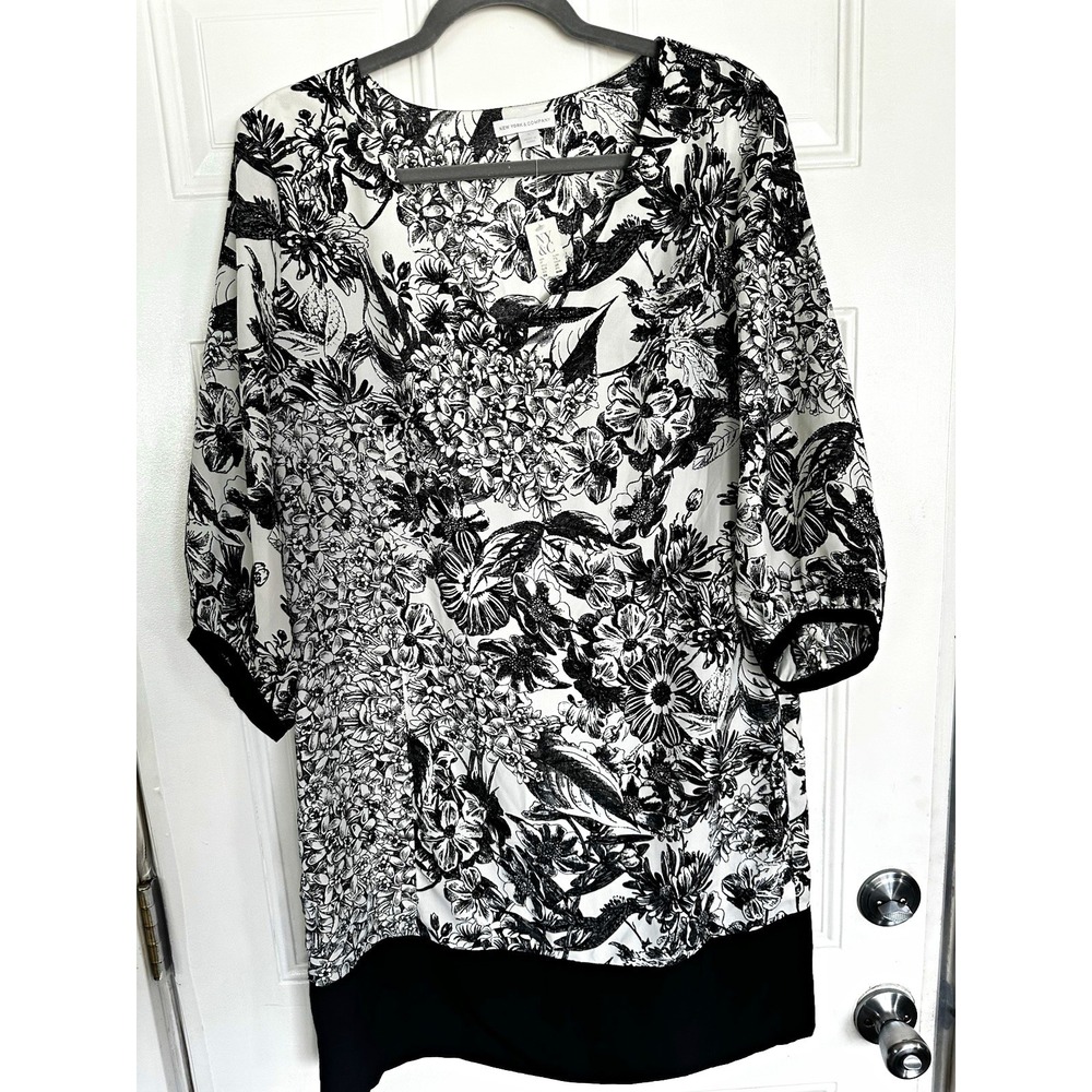 New York & Company Woven Dress L Black/White Floral Round Neck 3/4 Sleeve